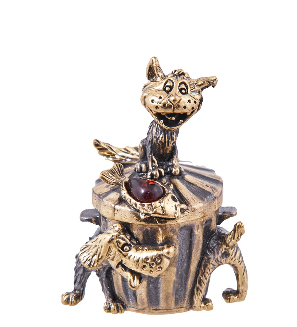 Народные промыслы AM-3880 Шкатулка «Кот и Пёс догонялки» (латунь, янтарь)