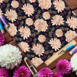 Ткань шифон плотные бежевые розы и хризантемы с тёмной брусникой