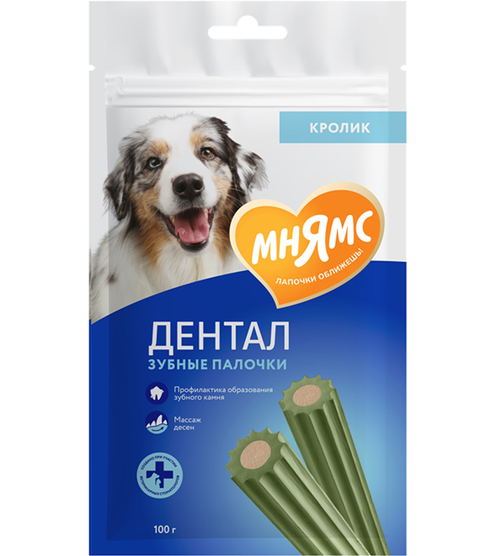 Мнямс Dental Лакомство для собак "Зубные палочки" с хлорофиллом и кроликом 100гр.