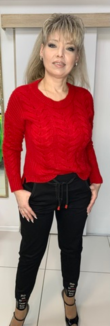 Черные брюки-джинсы на резинке с бежево-красным принтом