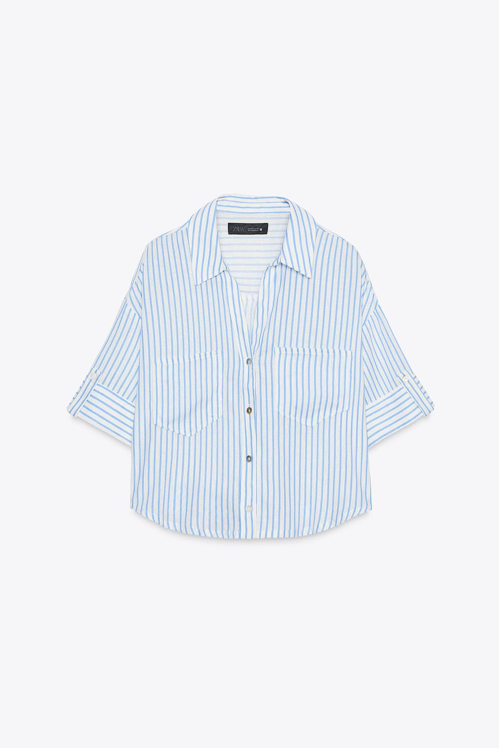 ZARA УКОРОЧЕННАЯ РУБАШКА ИЗ СМЕСОВОГО ЛЬНА, БЕЛЫЙ/НЕБЕСНО-ГОЛУБОЙ