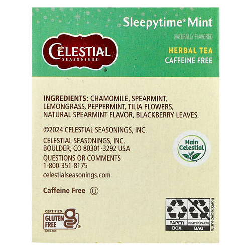 Celestial Seasonings, травяной чай, убаюкивающая мята, без кофеина, 20 чайных пакетиков, 29 г (1,0 унции)