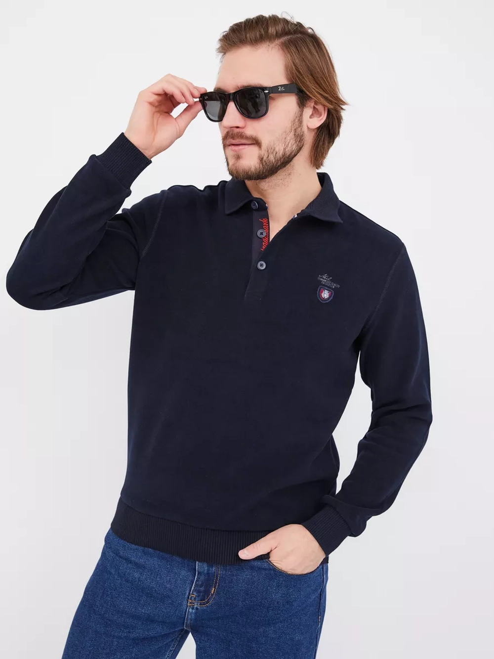 Поло мужское из бархатного хлопка с длинным рукавом