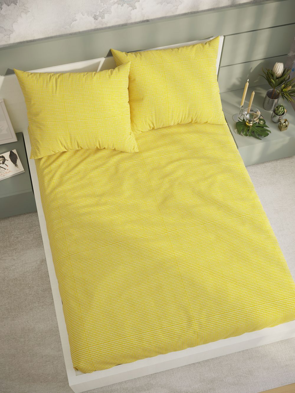 Постельное белье перкаль Сказка "Желтая клеточка" 1,5-сп Наволочка 50х70 см 1 шт Простынь 150x215 см Пододеяльник 145x215 см