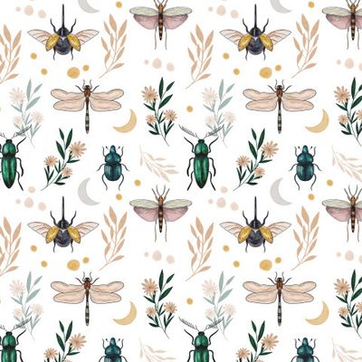 Паттерн с жуками и цветами акварель. Насекомые.