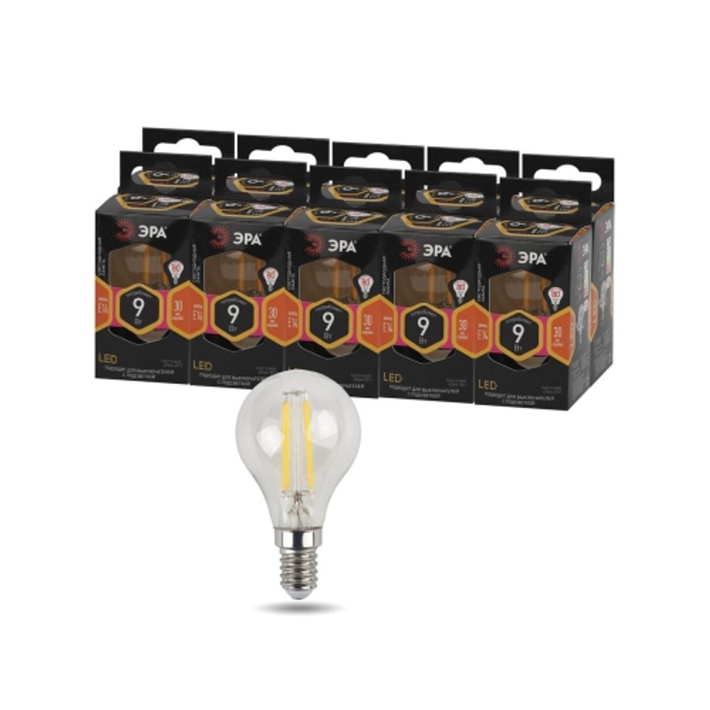 Лампа светодиодная ЭРА F-LED P45-9W-827-E14 9Вт филамент шар теплый белый свет Е14 | Филаментные декоративные