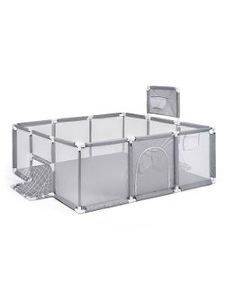 Манеж детский прямоугольный с баскетбольным кольцом и воротами (120*180*60) цвет серый (М11-2)