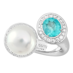 Кольцо С Турмалином Параиба, Белым Жемчугом и Бриллиантами, R0259-5/1