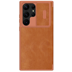 Кожаный чехол книжка коричневого цвета от Nillkin для Samsung Galaxy S23 Ultra, серия Qin Pro Leather с защитной шторкой для камеры