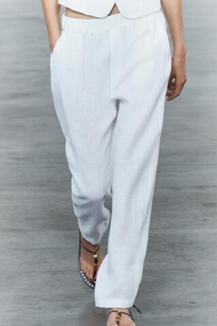 ZARA БРЮКИ В ПИЖАМНОМ СТИЛЕ ИЗ 100% ЛЬНА — ZW COLLECTION, ЖЕЛТОВАТО-БЕЛЫЙ