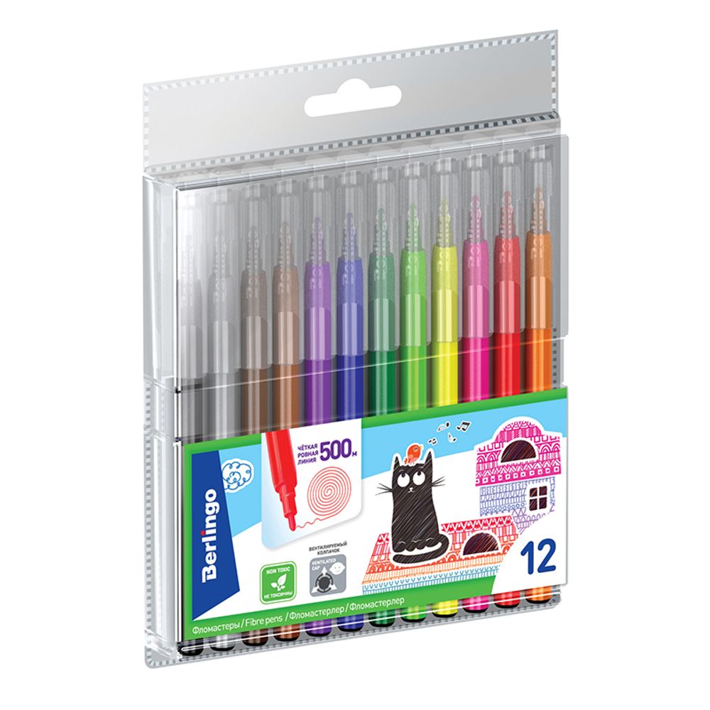 Фломастеры 12 цветов Berlingo Жил-был кот, смываемые, блистер