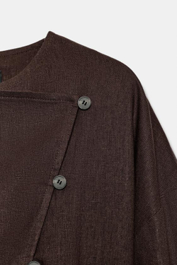 ZARA ДВУБОРТНАЯ КУРТКА ИЗ ЛЬНА, ШОКОЛАДНО-КОРИЧНЕВЫЙ