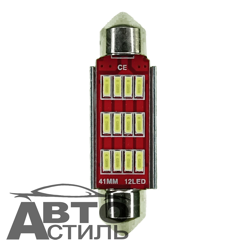 Светодиод 12V T11x41 12SMD 3014 WHITE CAN (салон) с радиатором на красном фоне