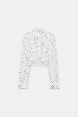 ZARA УКОРОЧЕННАЯ РУБАШКА ИЗ ШИФОНА С РЕГУЛИРУЕМЫМ ШНУРКОМ, ЧЕРНЫЙ/БЕЛЫЙ