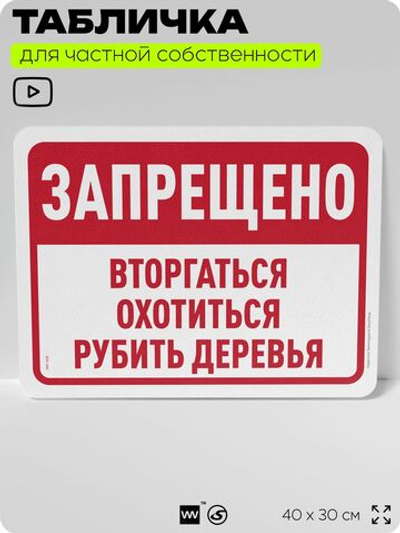 Табличка для частной территории "Запрещено вторгаться, охотиться и рубить деревья", на дом, для участка, организаций и частных территорий, 40х30 см, Silver Plane x Айдентика Технолоджи