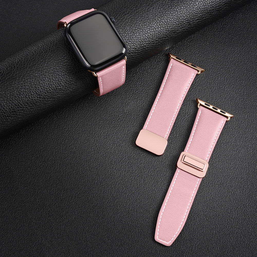 Ремешок из натуральной кожи розового цвета от Dux Ducis для смарт часов Apple Watch 42, 44, 45, 46, 49мм, серия YA Series