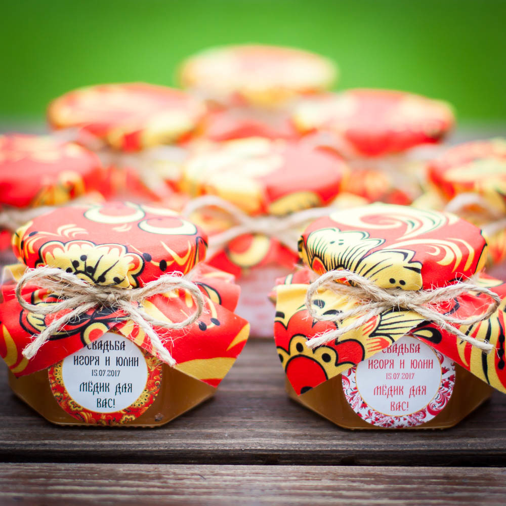 Бонбоньерка с медом на свадьбу, 140 грамм, стиль "Гжель и Хохлома"