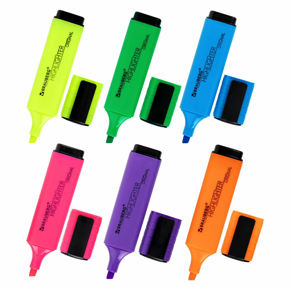 Набор текстовыделителей 6 ЦВЕТОВ, BRAUBERG "ORIGINAL NEON", линия письма 1-5 мм, 152216