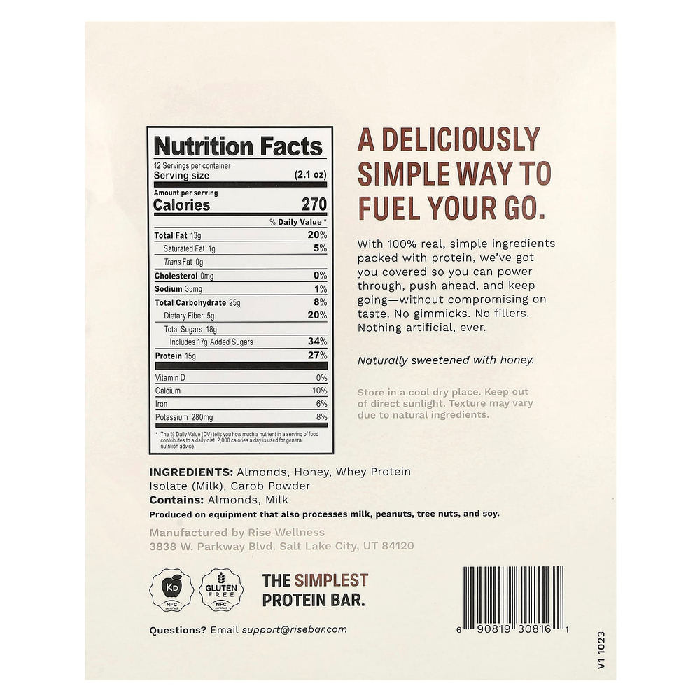 Rise Bar, Протеиновый батончик, шоколадный миндаль, 12 батончиков, 60 г (2,1 унции)