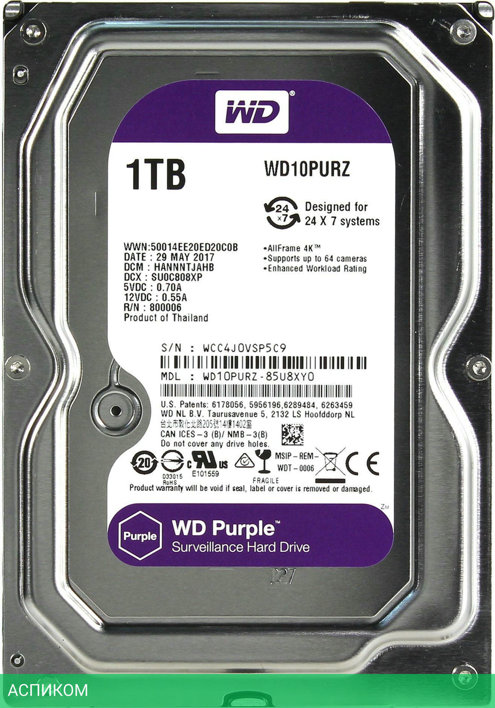 Жесткий диск WD 1TB WD10PURZ