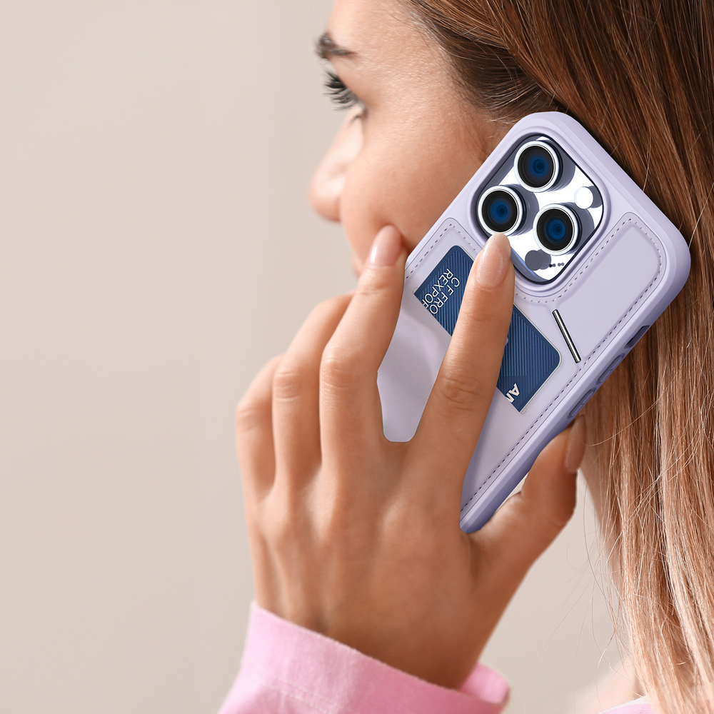 Чехол фиолетового цвета с MagSafe и подставкой-картхолдером от Dux Ducis для iPhone 13 Pro, серия Rafi II Mag Series