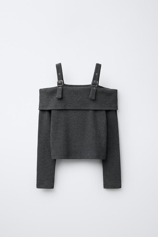 ZARA ФУТБОЛКА В РУБЧИК С ПРЯЖКАМИ, СЕРЫЙ МЕЛАНЖ