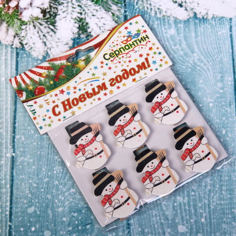 Прищепки декоративные «Снеговик в шляпе» 3,5 см (набор 6 шт)