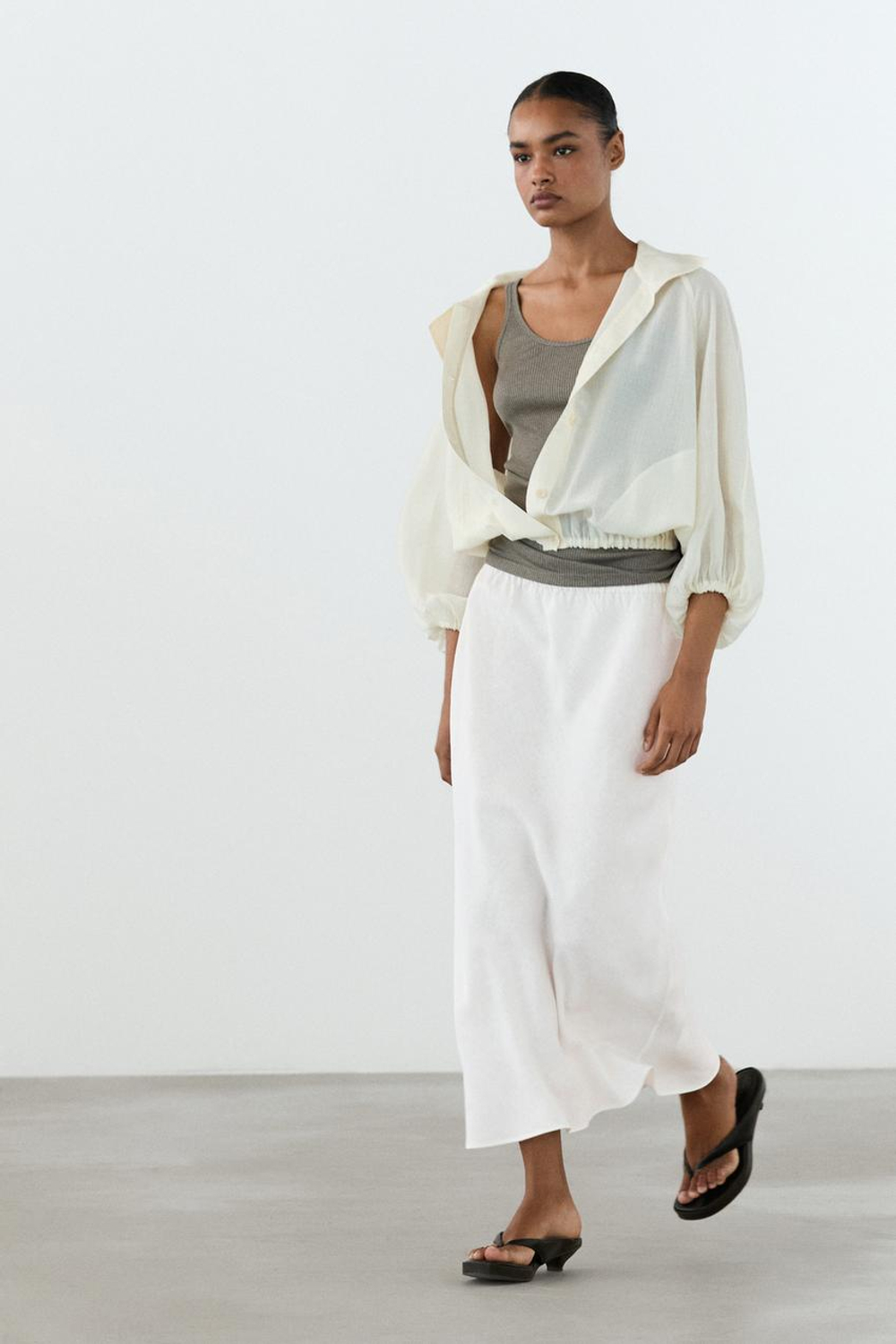 Massimo Dutti Миди-юбка из 100% льна с эластичным поясом, белый