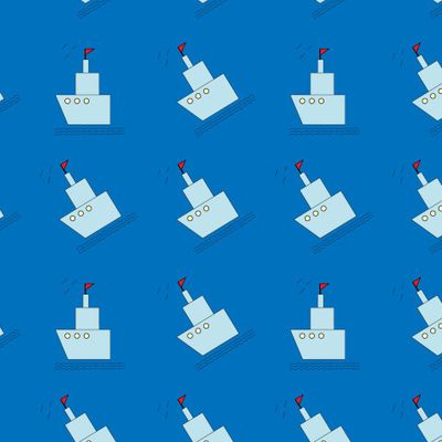 A ship sailing in the waves, accompanied by gulls. Illustration.