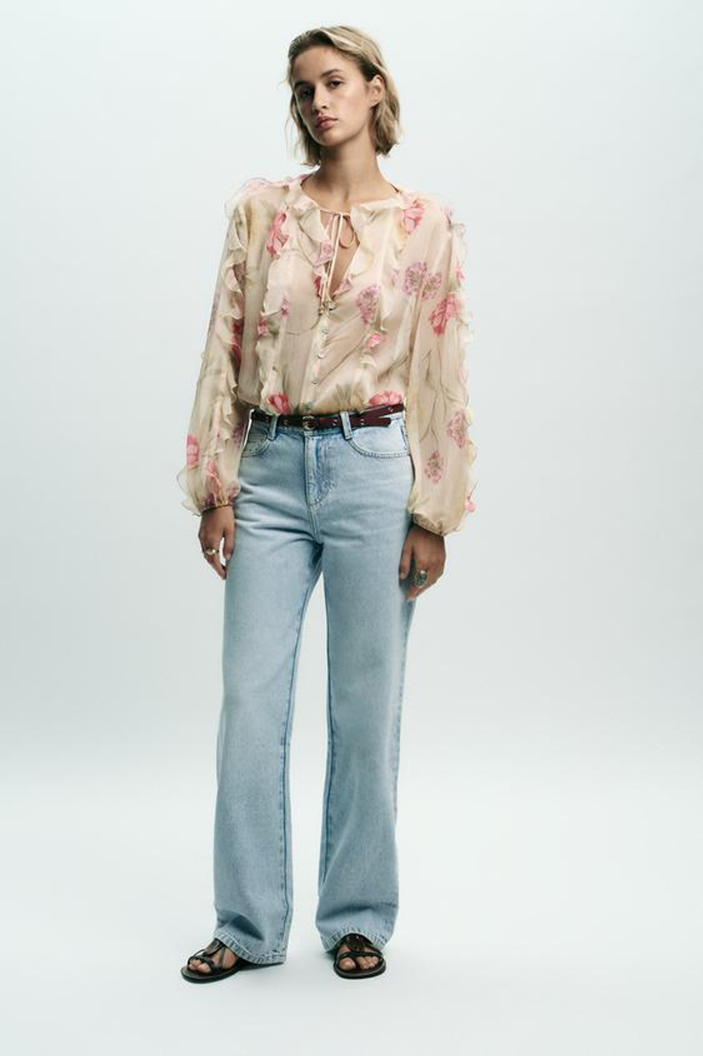 ZARA ДЖИНСЫ Z1975 REGULAR FIT С ВЫСОКОЙ ПОСАДКОЙ И РЕМНЕМ, ГОЛУБОЙ