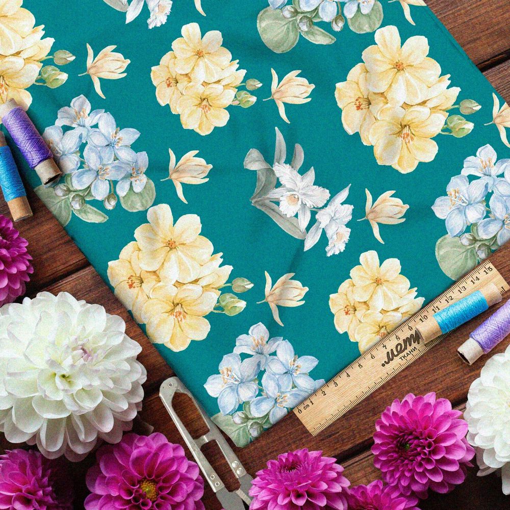 Ткань ниагара пастельные полевые цветы на зелёном фоне