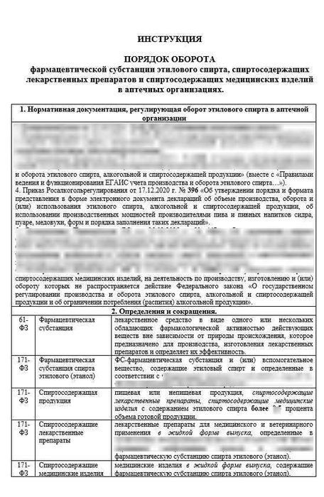 Инструкция «Порядок оборота фармацевтической субстанции этилового спирта, спиртосодержащих лекарственных препаратов и спиртосодержащих медицинских изделий в аптечных организациях»
