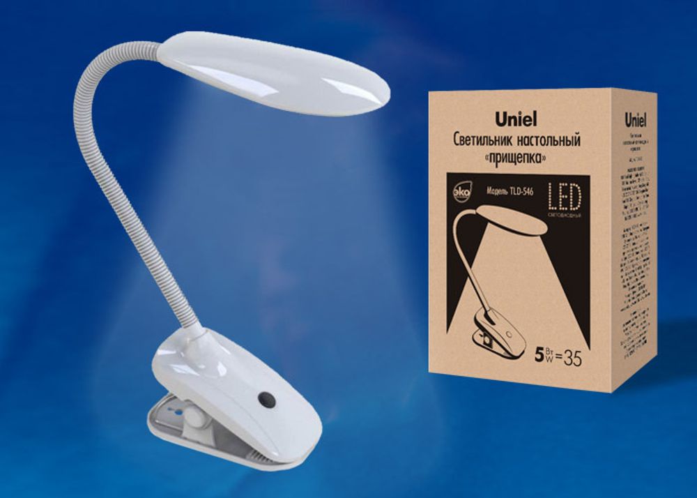TLD-546 White/LED/350Lm/4500K Светильник настольный «прищепка», 5W. Механический выключатель. Белый. ТМ Uniel