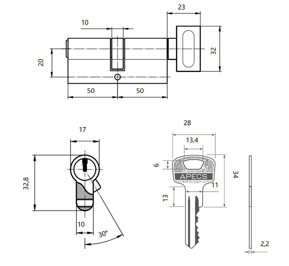 Цилиндровый механизм Apecs SC-100-Z-C-G