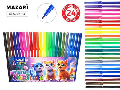Фломастеры 24цв. "Котики" вентилир. колпачок, корп. круглый, ПВХ- упаковка (Mazari)