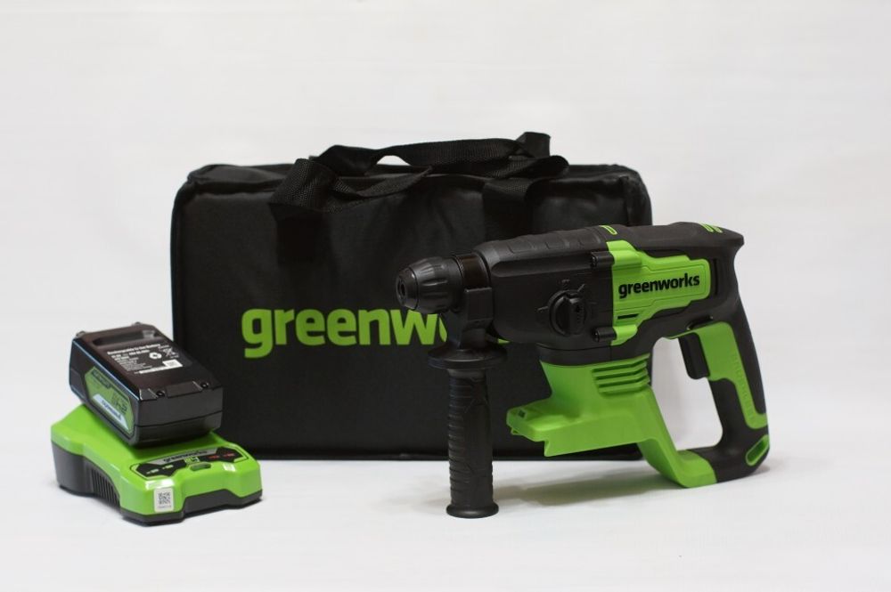 Аккумуляторный перфоратор Greenworks GD24SDS2, 3803007UB,24v, 2 Дж, АКБ 4 А·ч и ЗУ в сумке