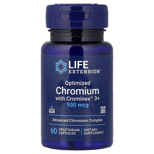 Life Extension, оптимизированный хром с Crominex® 3+, 500 мкг, 60 вегетарианских капсул