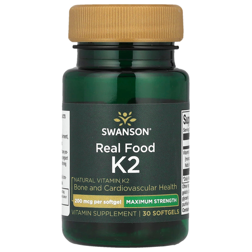 Swanson, Real Food K2, витамин K2, максимальная сила действия, 200 мкг, 30 мягких таблеток