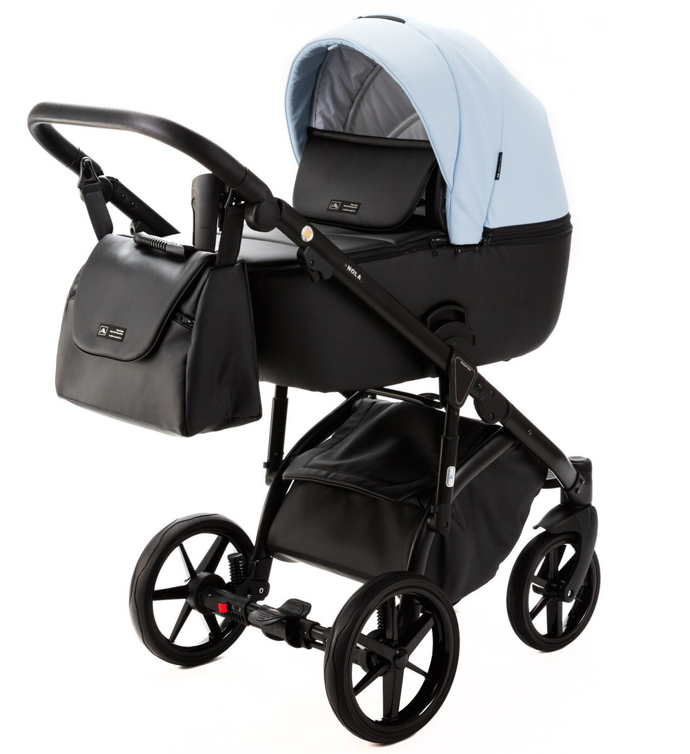 Детская коляска Adamex Nola Deluxe 3 в 1 N-SD112 (ГОЛУБАЯ КОЖА + ЧЕРН.КОЖА)