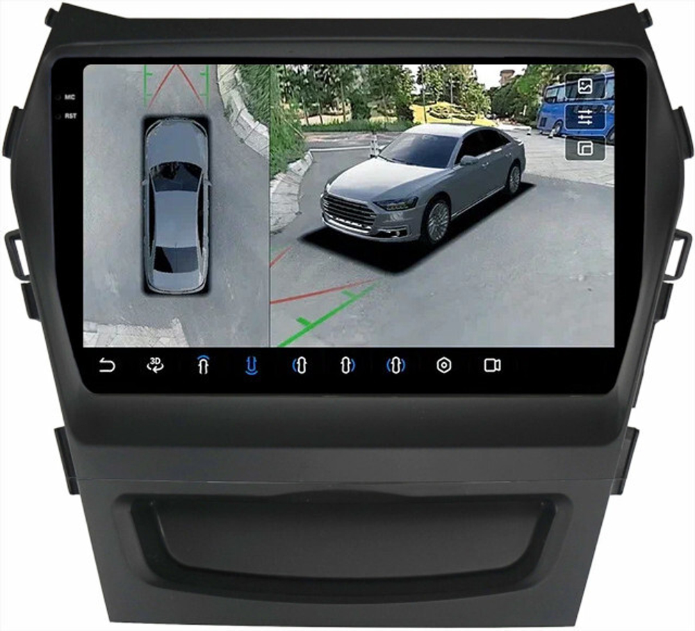 Магнитола для Hyundai Santa Fe 3 2012-2018 (климат на ШГУ) - FarCar BX209M-360 монитор 9.5" 2K QLED на Android 13, 6Гб+128Гб, CarPlay, 4G SIM-слот, 4 камеры в комплекте