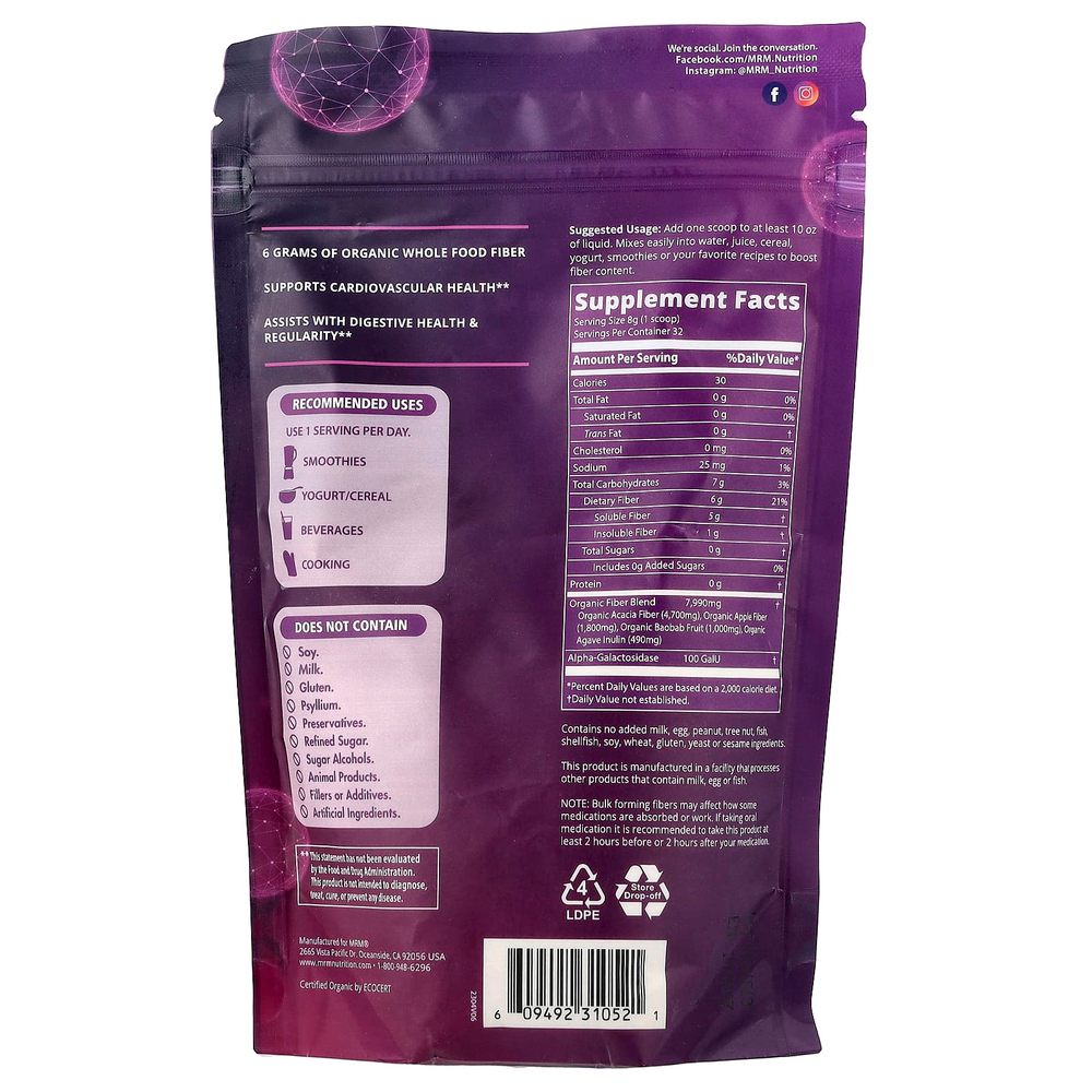 MRM Nutrition, цельнопищевая органическая клетчатка, с ферментами и пребиотиками, 256 г (9,3 унции)