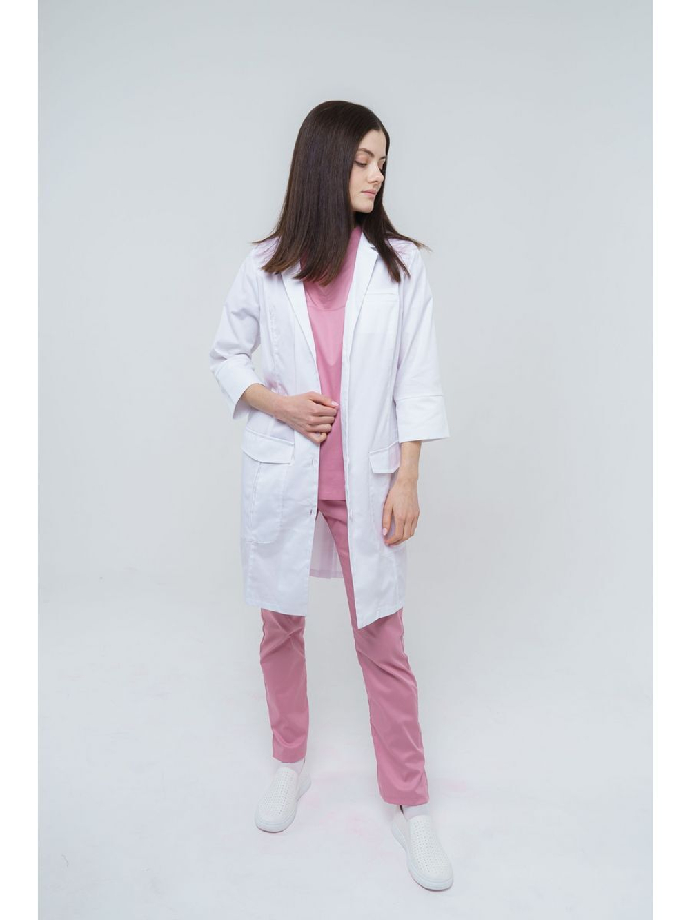 Медицинский халат женский укороченный на пуговицах TZ120-WHT