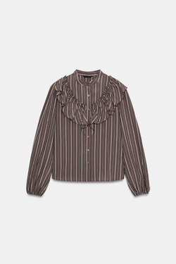 ZARA РУБАШКА В ПОЛОСКУ С ВОЛАНАМИ, КОРИЧНЕВО-СИНИЙ