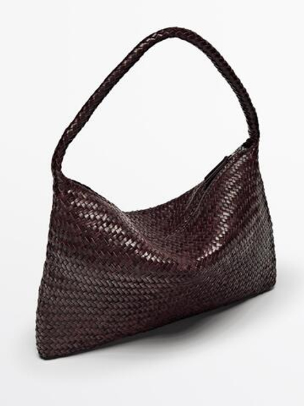 Massimo Dutti Плетеная сумка из кожи наппа с плечевым ремнем, бордо