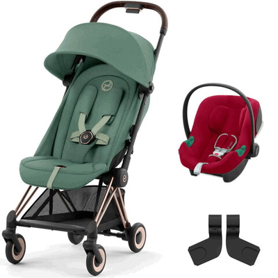Коляска Cybex Coya Rosegold Frame Aton B2 i-Size Dynamic Red Leaf Green с дождевиком и бампером