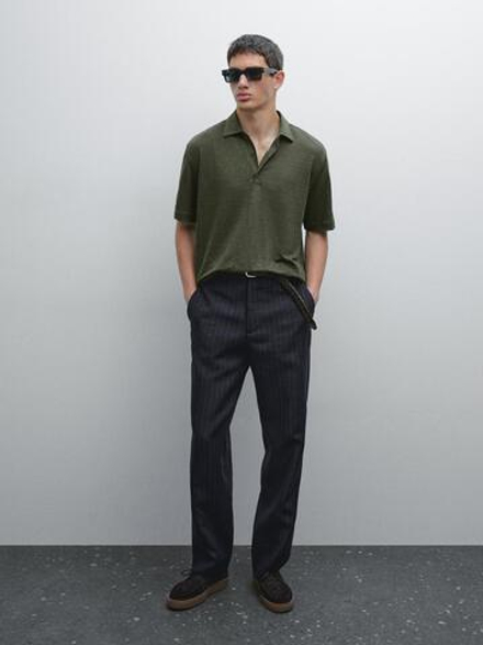 Massimo Dutti Поло с короткими рукавами из 100% льна, зеленоватый