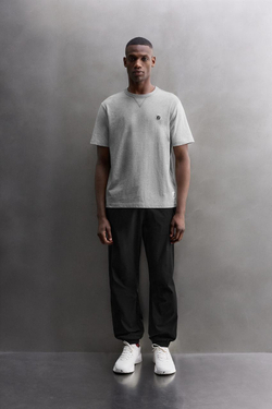 ZARA ФУТБОЛКА КОЛОР-БЛОК С ВЫШИВКОЙ, СЕРЫЙ МЕЛАНЖ