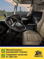 Ламбрекен с косынками стеганые Iveco (экокожа, бежевый, бежевая бахрома "закрутка")