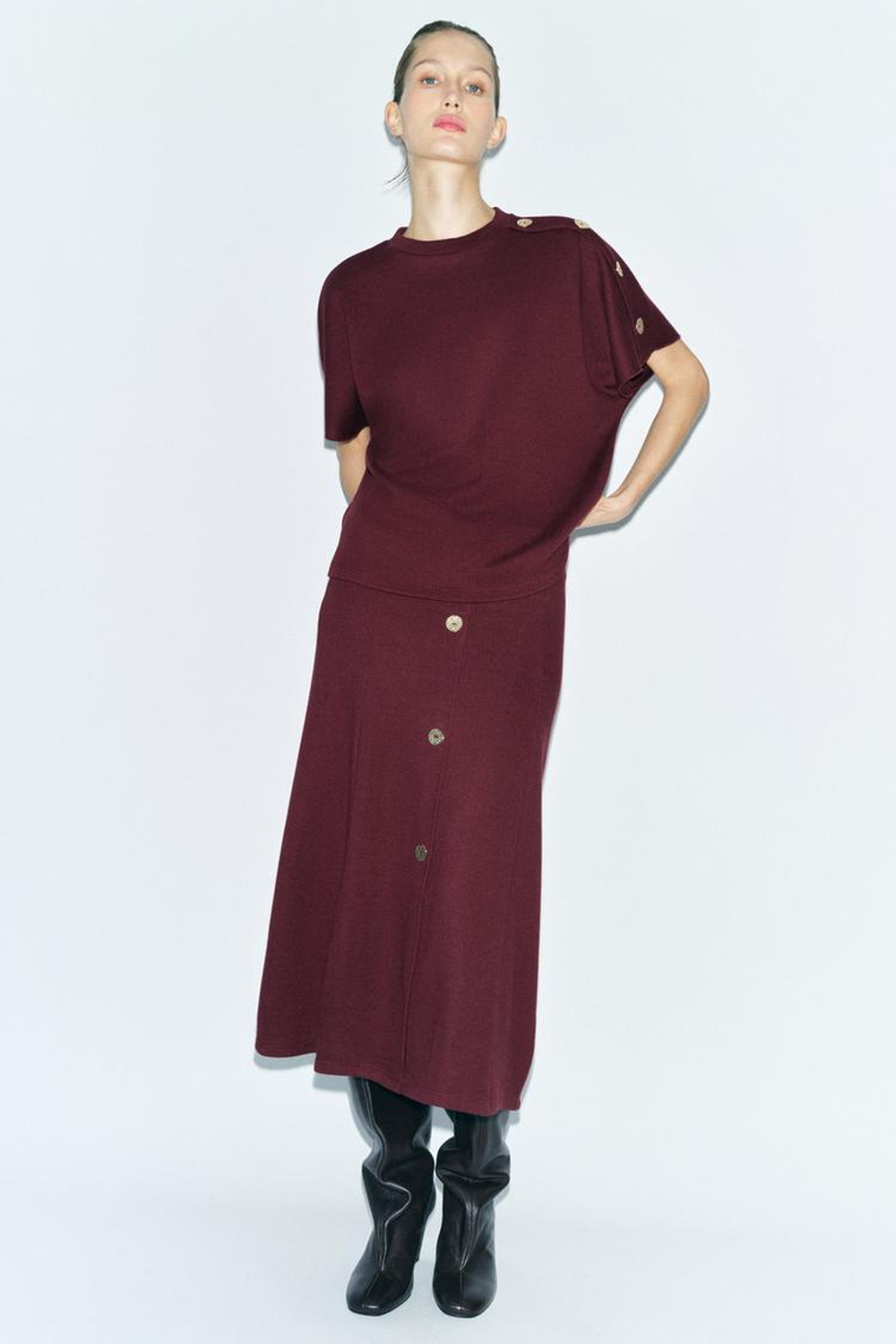 ZARA ТОП ИЗ МЯГКОЙ ТКАНИ С ПУГОВИЦАМИ, ЦВЕТ БУРГУНДСКОГО ВИНА