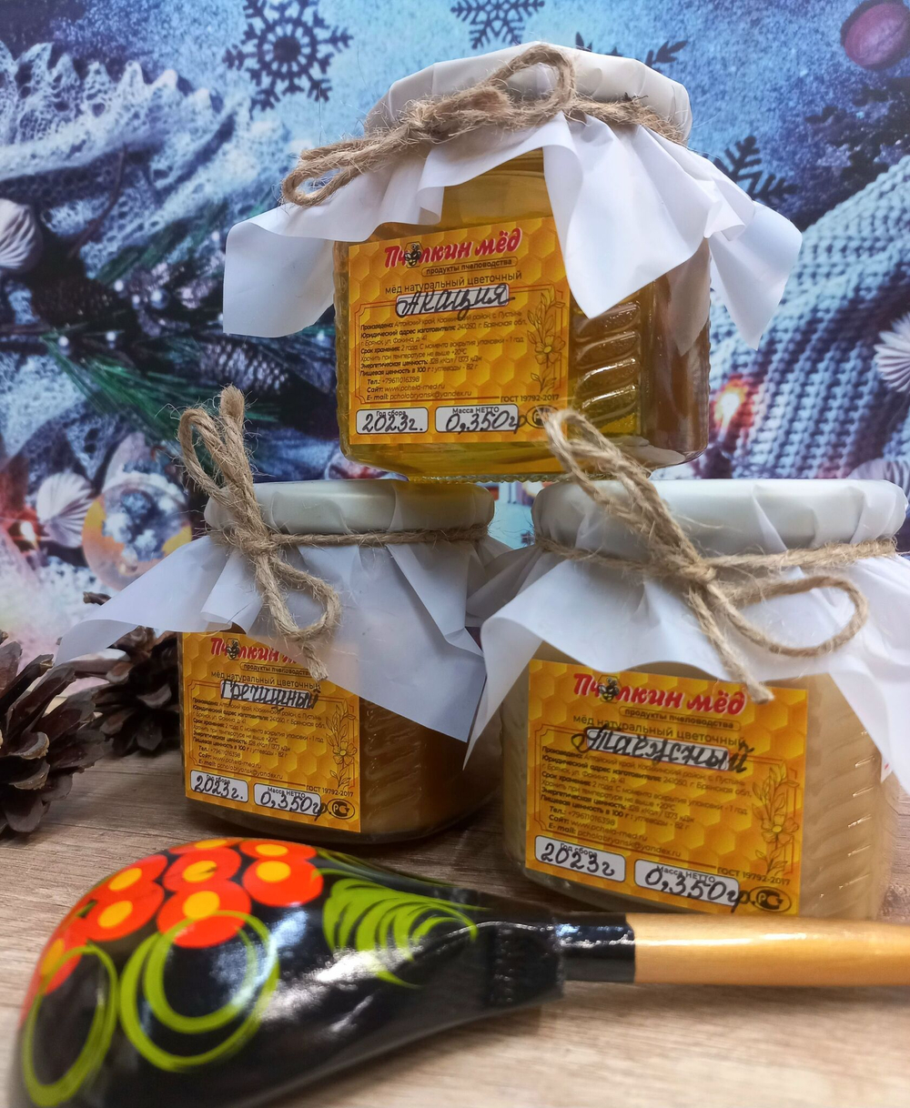 Натуральный Алтайский мёд, набор баночек с мёдом: Гречишный, Таёжные дикоросы и Акациевый, по 0,350 гр.